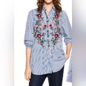 Cliche Women’s Embroidered Floral Striped Shirt-SZ S